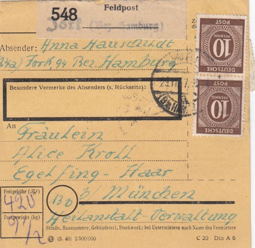 Paketkarte 1947 hamburg - paketkarte,